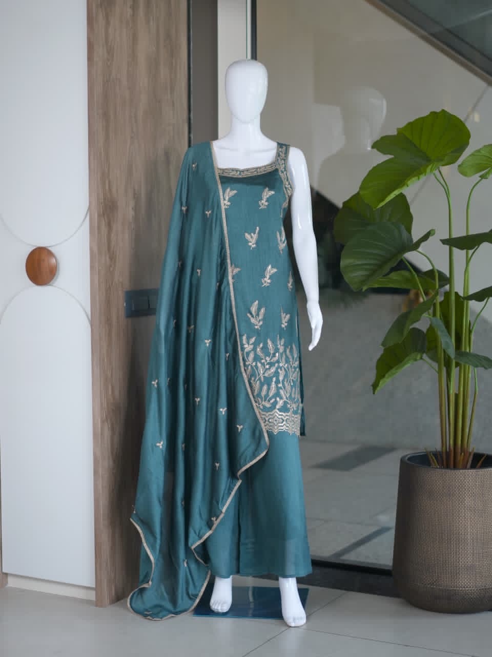 Embroidered Vichitra Silk Plazo Set
