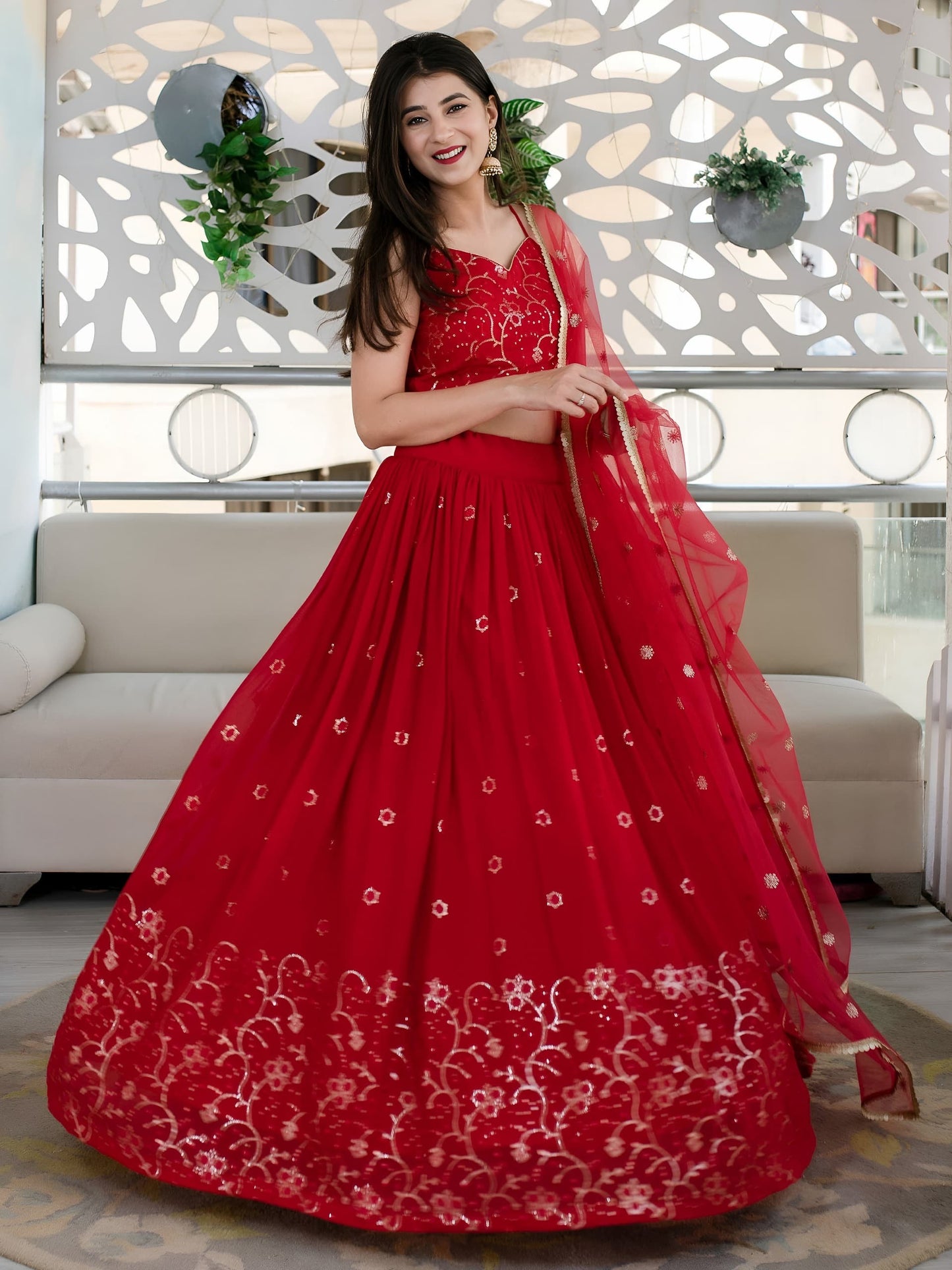 Red Embroidered Festive Lehenga Choli Set