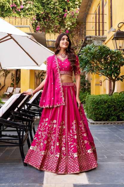 Natural Silk Lehenga Choli with Golden Sequin & Thread Embroidery