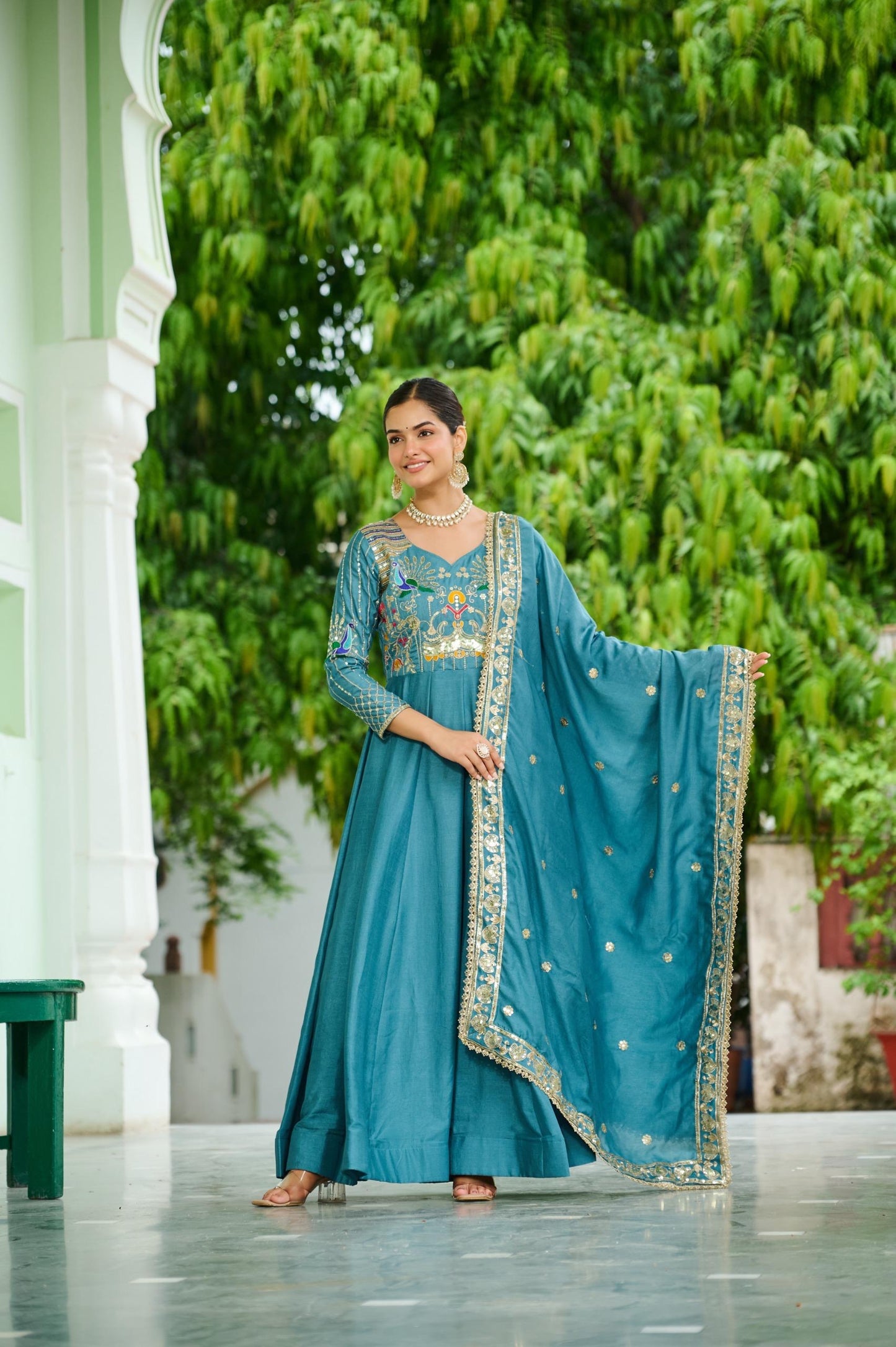 Vichitra Silk Anarkali Gown with Zari Sequin & Multi-Thread Embroidery