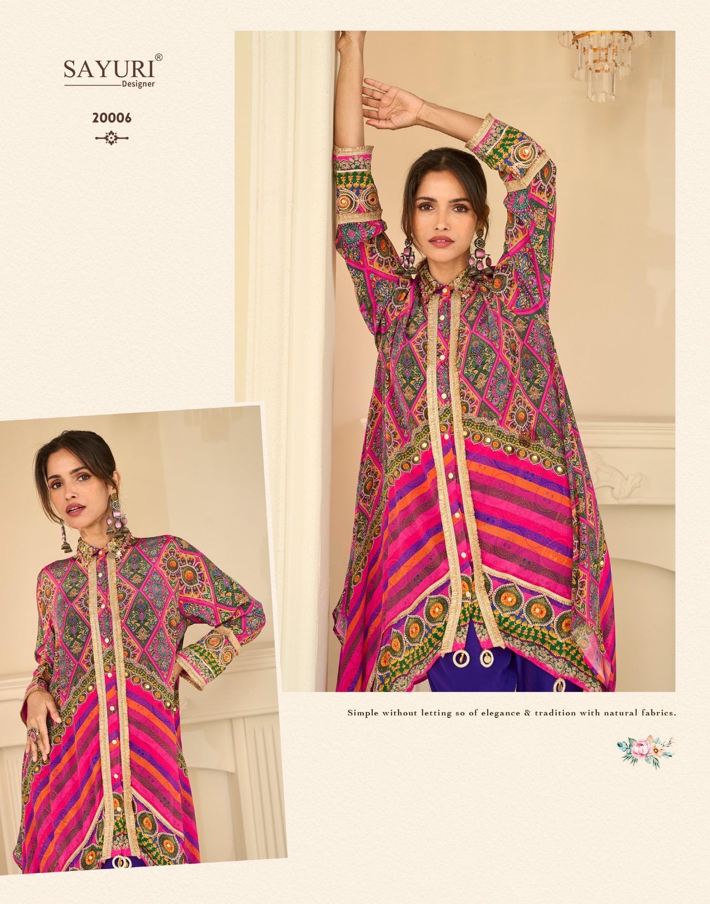 Multi-Color Geometric Print High-Low Tunic with Embellished Trousers with handbag