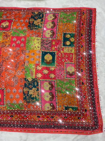 Stay beautiful with our new crepe silk digital print Saree with real mirror work