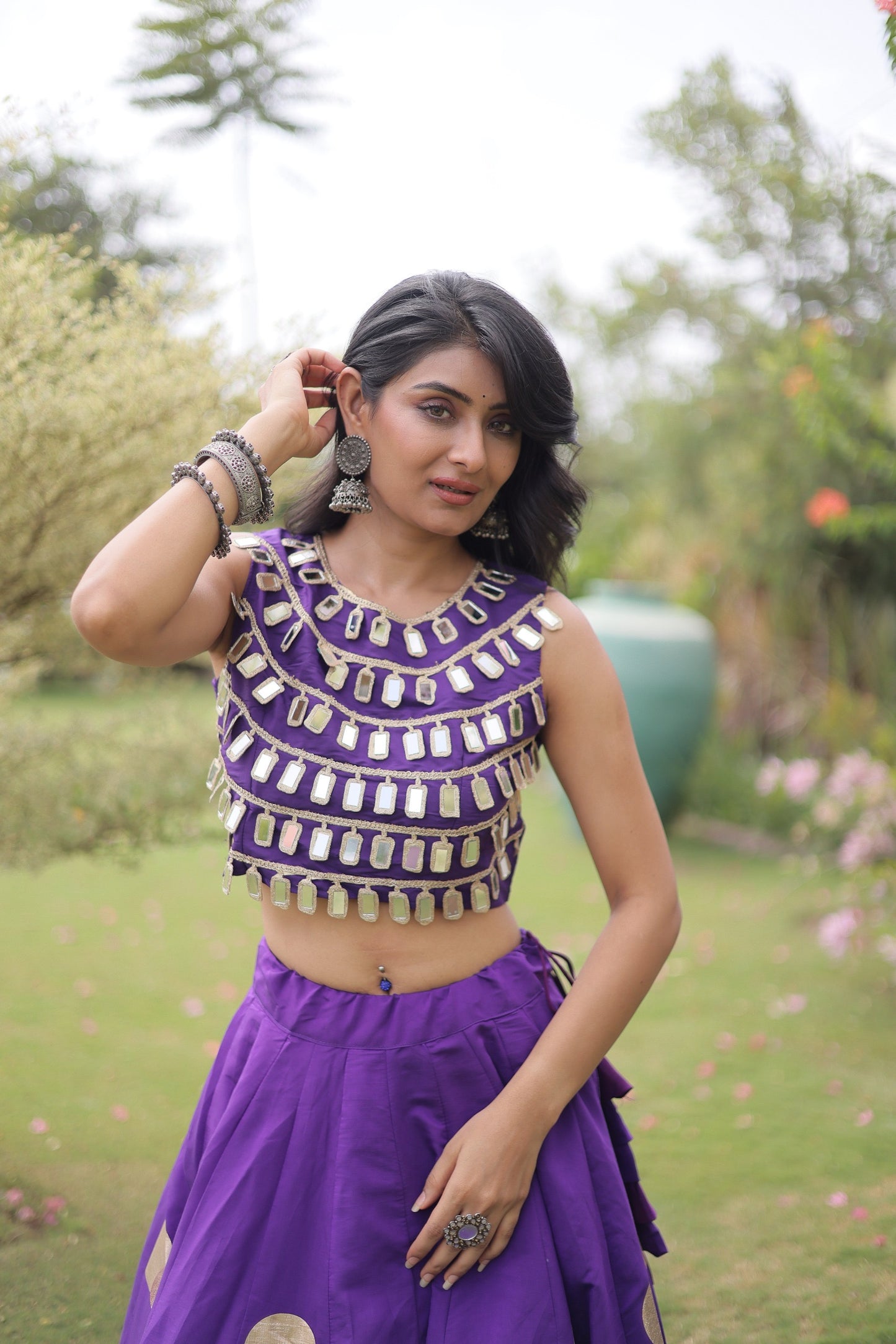 Roman Silk Polka Dot Lehenga Set with Mirror Work Choli