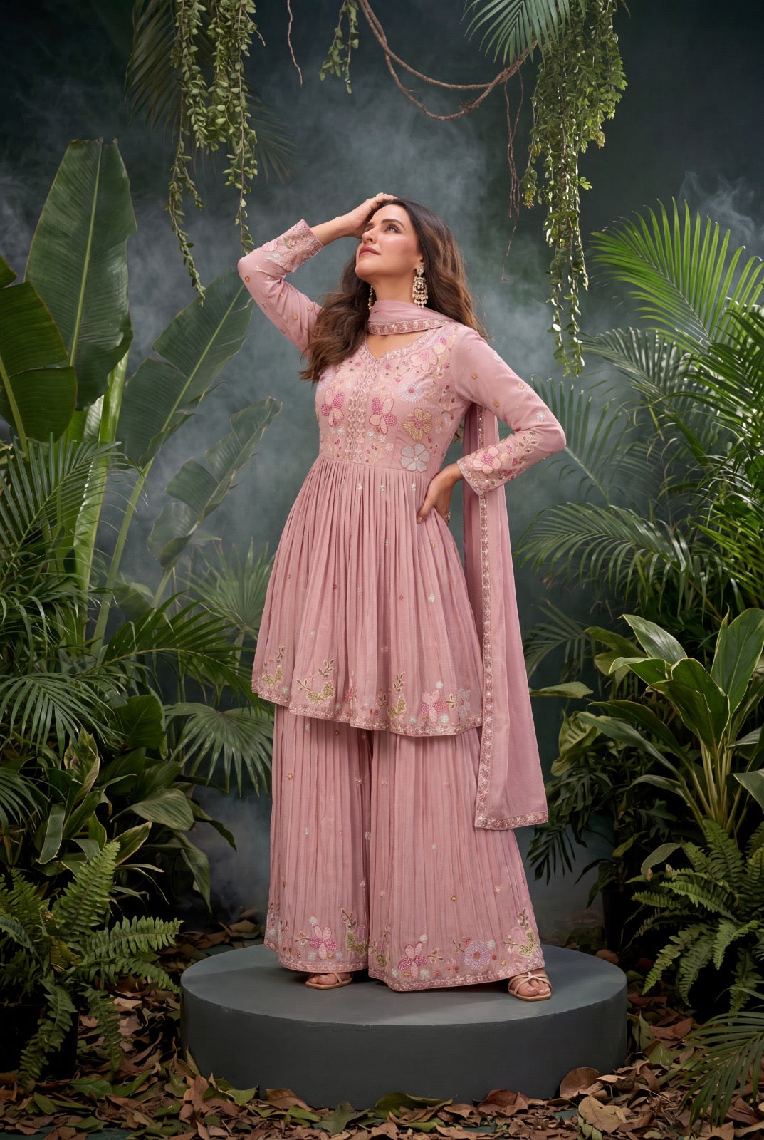 Floral Embroidered Frock-Style Chinon Sharara Set with Dupatta