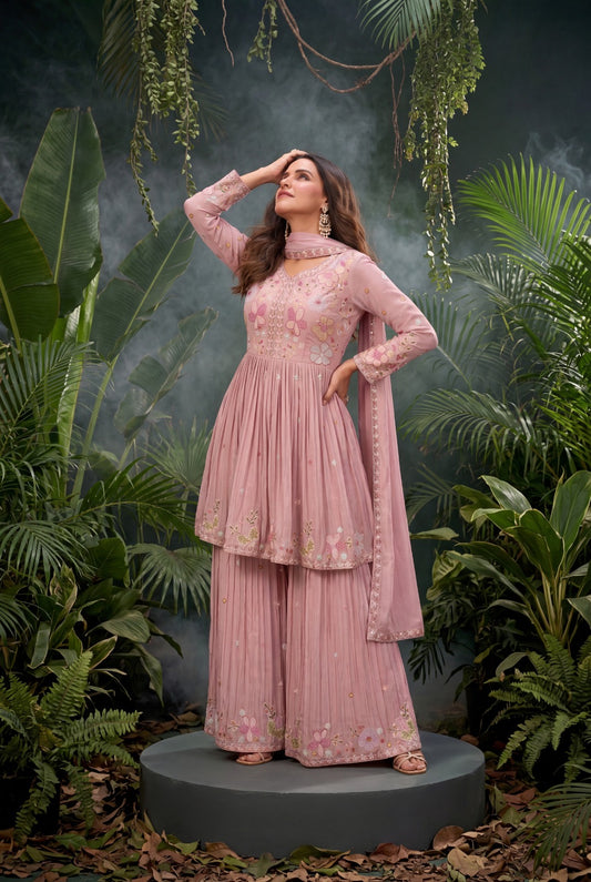 Floral Embroidered Frock-Style Chinon Sharara Set with Dupatta