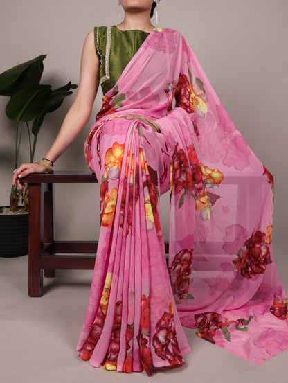 Chiffon Floral Printed Saree with Stitched Banglory Blouse