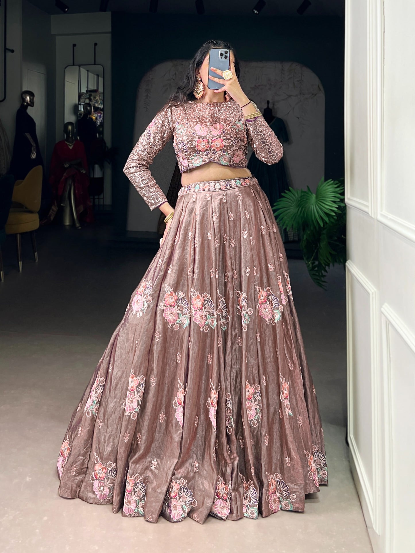 Rose Gold Flora Shimmer Co-ord Set Lehenga