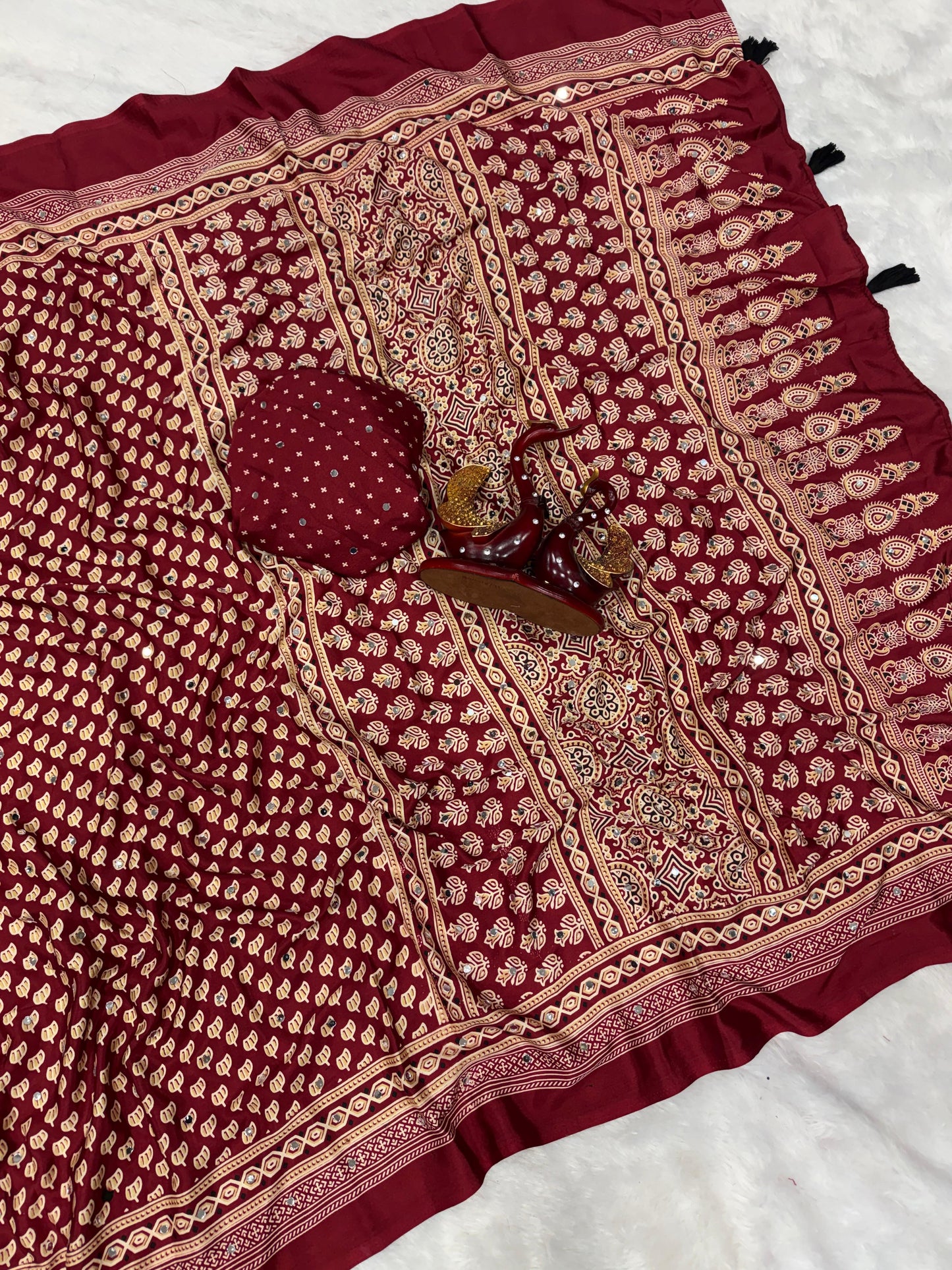 Heritage Ajrakh-print Saree with Tassels