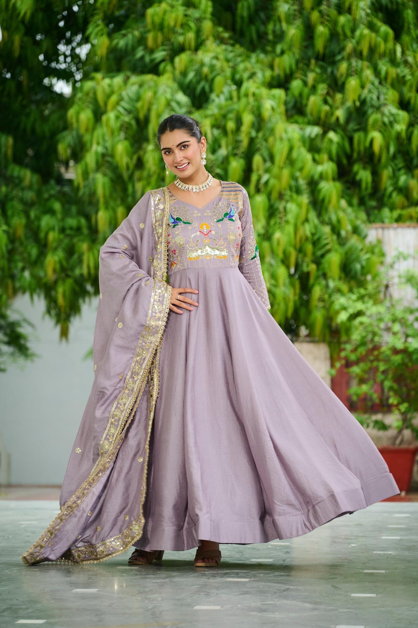 Vichitra Silk Anarkali Gown with Zari Sequin & Multi-Thread Embroidery