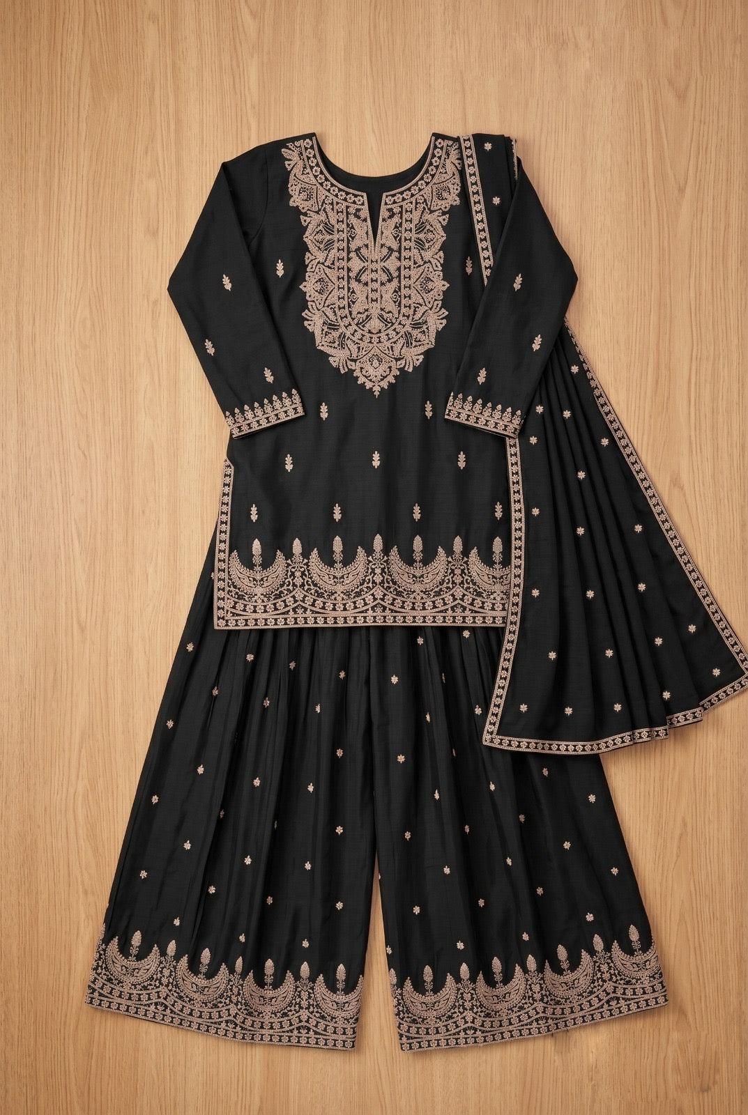 Mor-Bagh Black & Beige Embroidered Chinon Silk Plazo Kurti Set