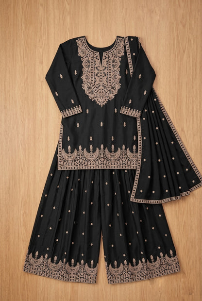 Mor-Bagh Black & Beige Embroidered Chinon Silk Plazo Kurti Set