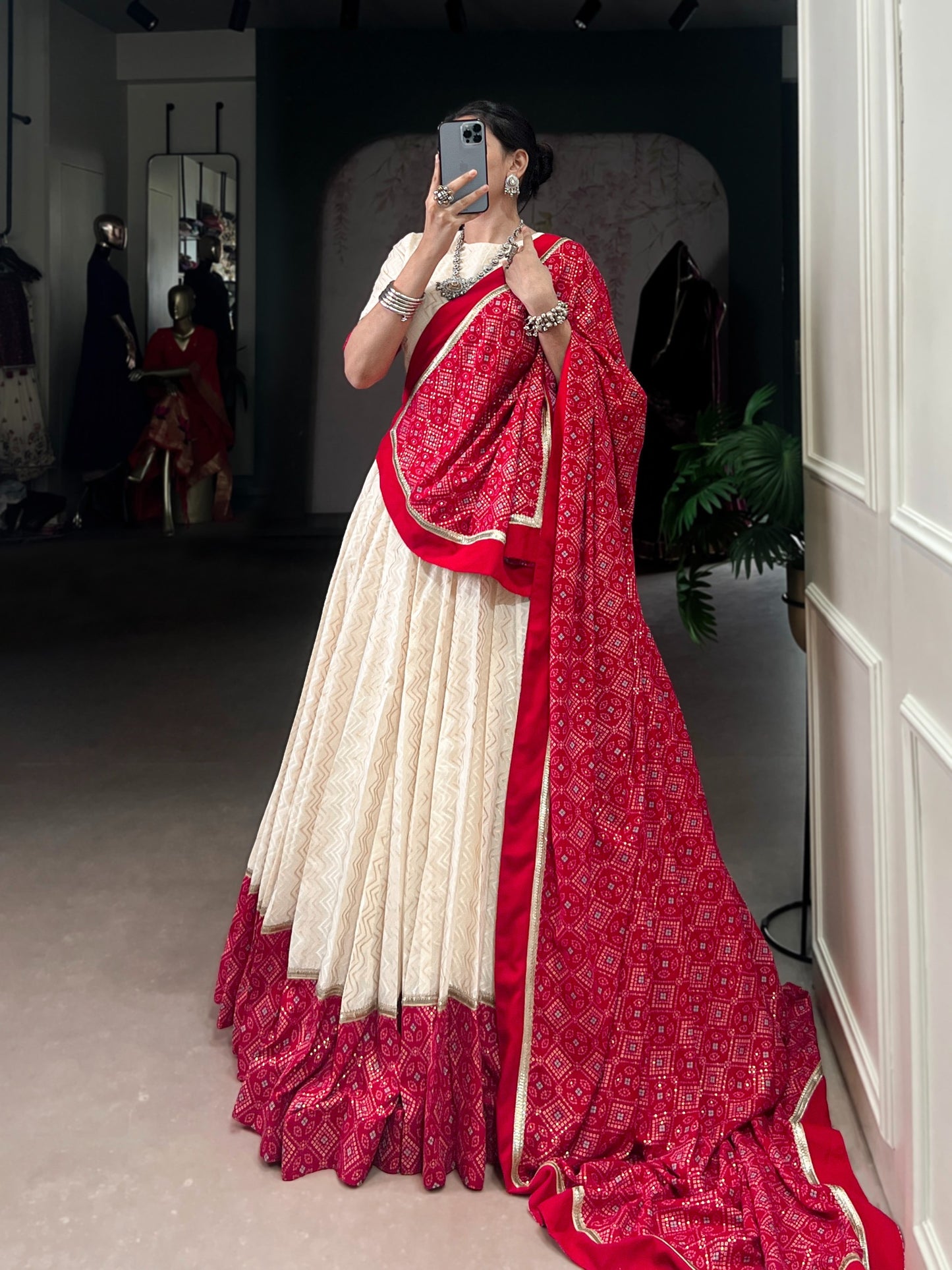 Off-White and Crimson Bandhej Print Lehenga Choli Set