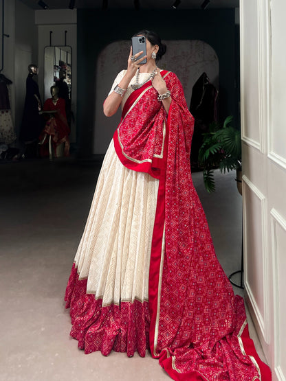 Off-White and Crimson Bandhej Print Lehenga Choli Set