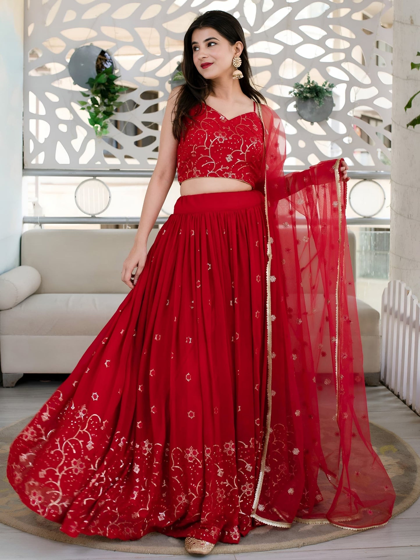 Red Embroidered Festive Lehenga Choli Set