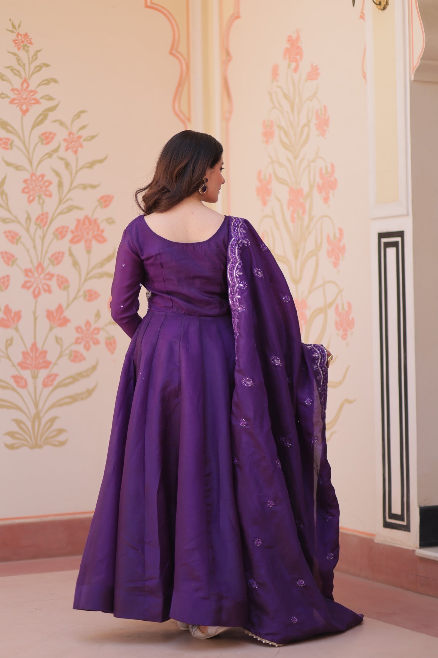 Anarkali Flared Gown with Gold Crush Fabric & Beads Embroidery