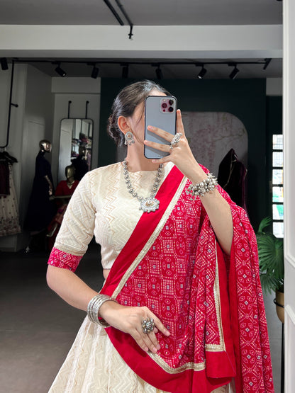 Off-White and Crimson Bandhej Print Lehenga Choli Set