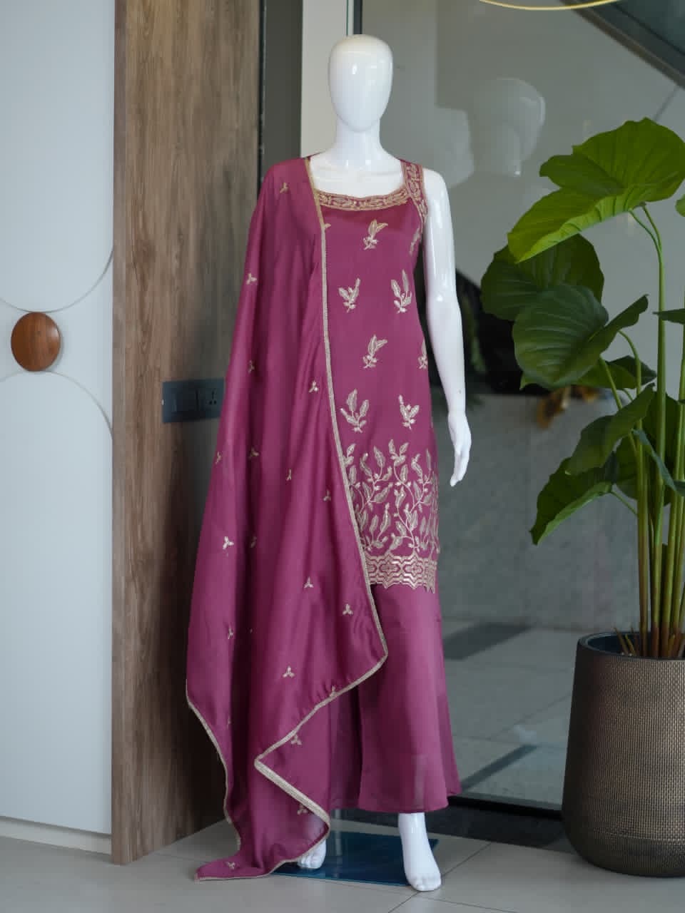 Embroidered Vichitra Silk Plazo Set