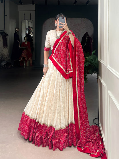 Off-White and Crimson Bandhej Print Lehenga Choli Set