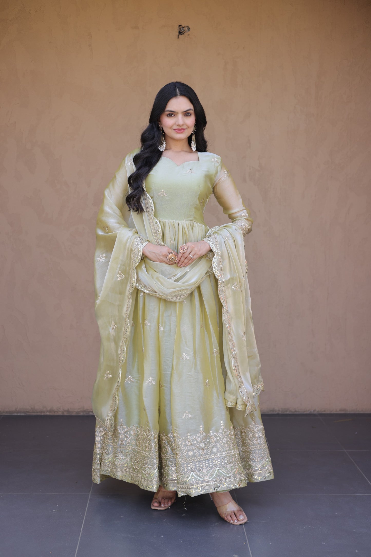 Elegant Fendi Silk Gown with Heavy Sequins & Zari Embroidery