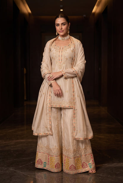 Pure Elegance Embroidered Kurta and Sharara Set with Dupatta