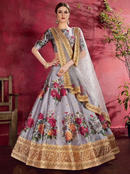 Grey Floral Printed Lehenga with Designer Blouse & Net Dupatta