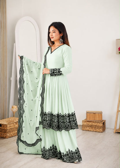 Premium Faux Georgette Embroidery Thread Plazo Suit Set with Dupatta