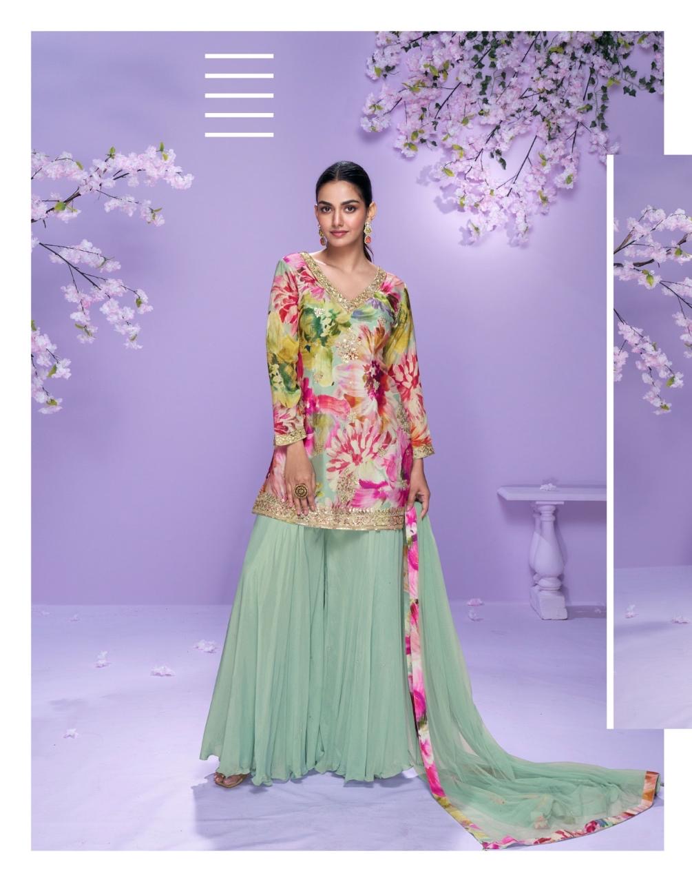 Chinon Silk Sharara Set with Hand Mirror Work Embroidery & Net Dupatta