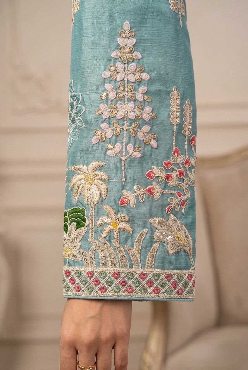 Floral Embroidered Frock-Style Chinon Sharara Set with Dupatta