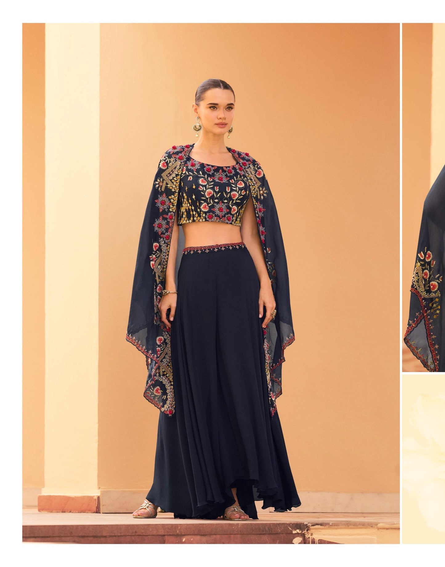 STYLIST LOOK FRONT AND BACK HEAVY EMBROIDERED SHRUG WITH BLOUSE AND PLAZZO