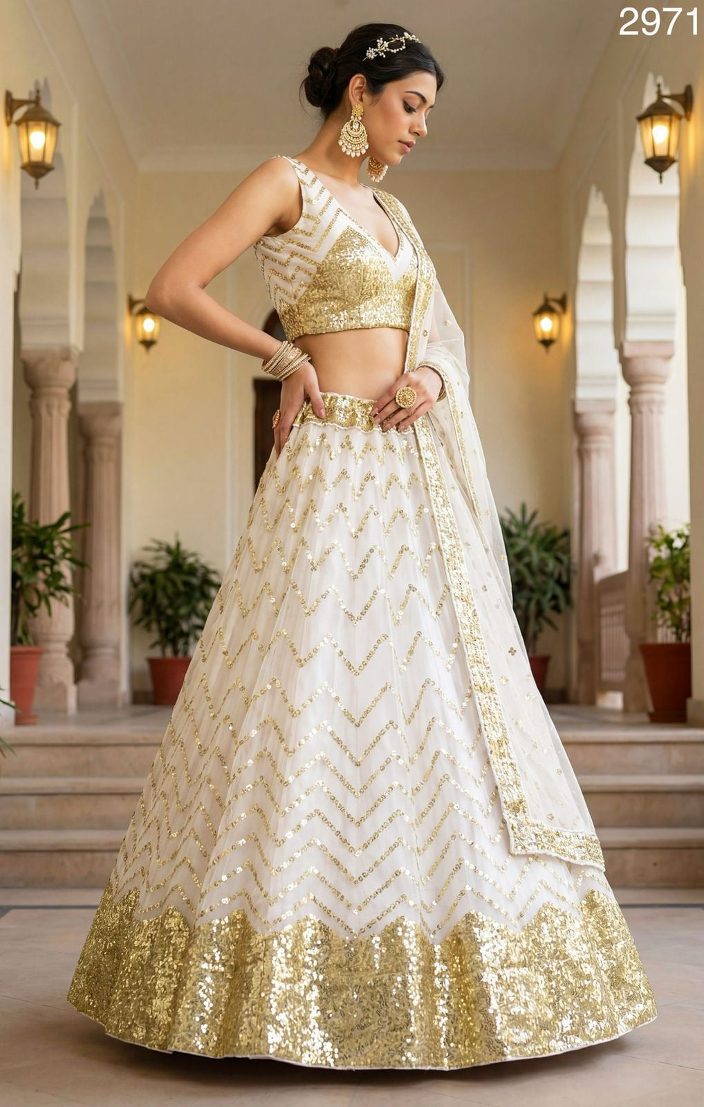 Golden Sequin work Designer White Bridemaid lehenga choli