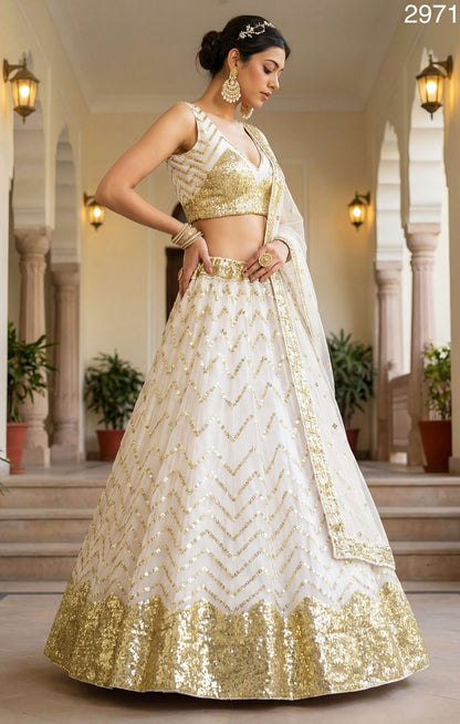 Golden Sequin work Designer White Bridemaid lehenga choli