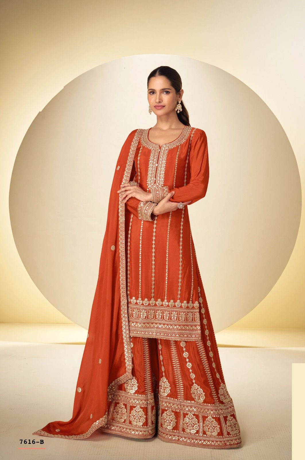 Embroidered Real Chinon Plazo Kurta Set with Dupatta