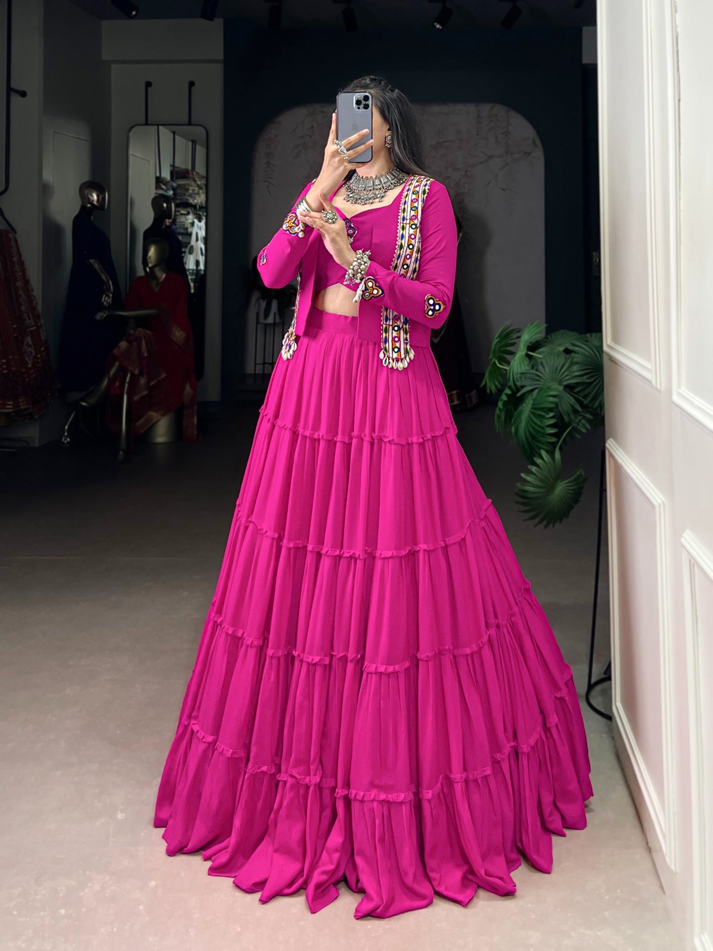 Navratri Special Georgette Flared Lehenga with Embroidered Koti Jacket