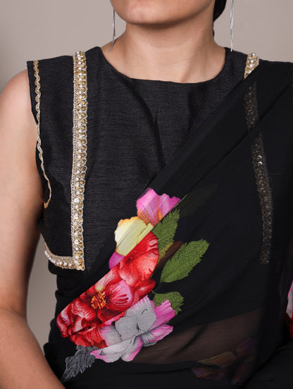 Chiffon Floral Printed Saree with Stitched Banglory Blouse