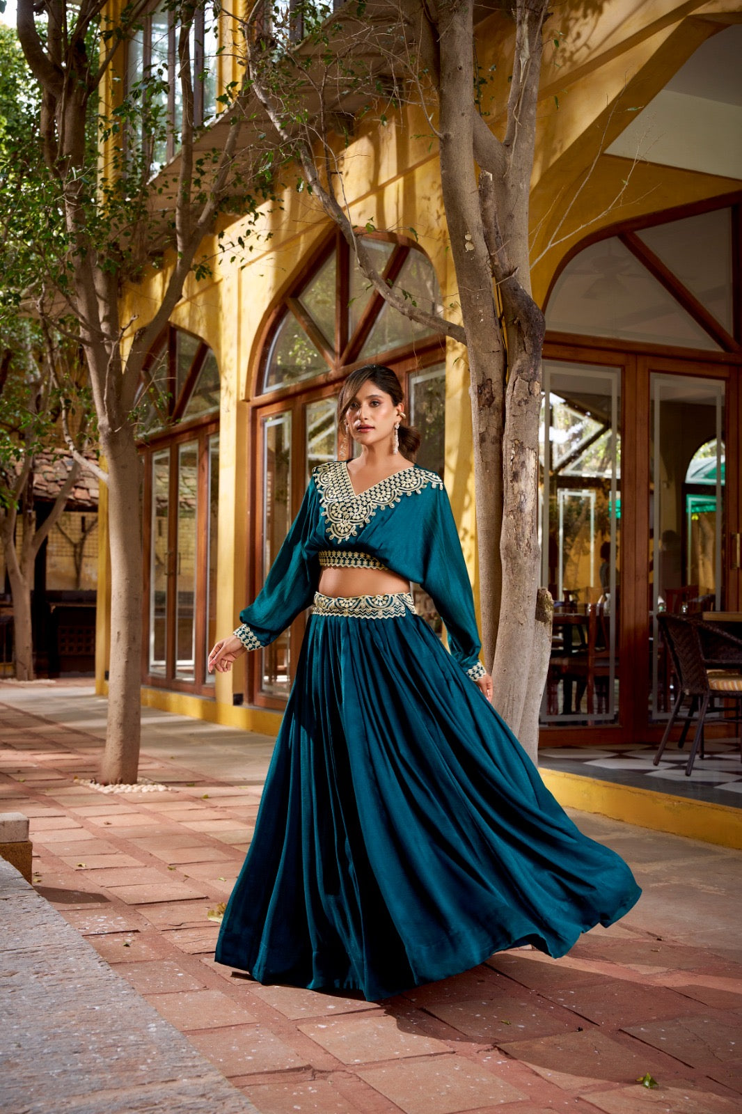 Vichitra Silk Co-ord Lehenga Set with Thread Embroidery & Stitched Blouse