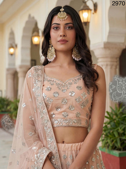 German Zari and Sequin Embroidered Silver Work Peach Lehenga Choli with Beautiful Flair
