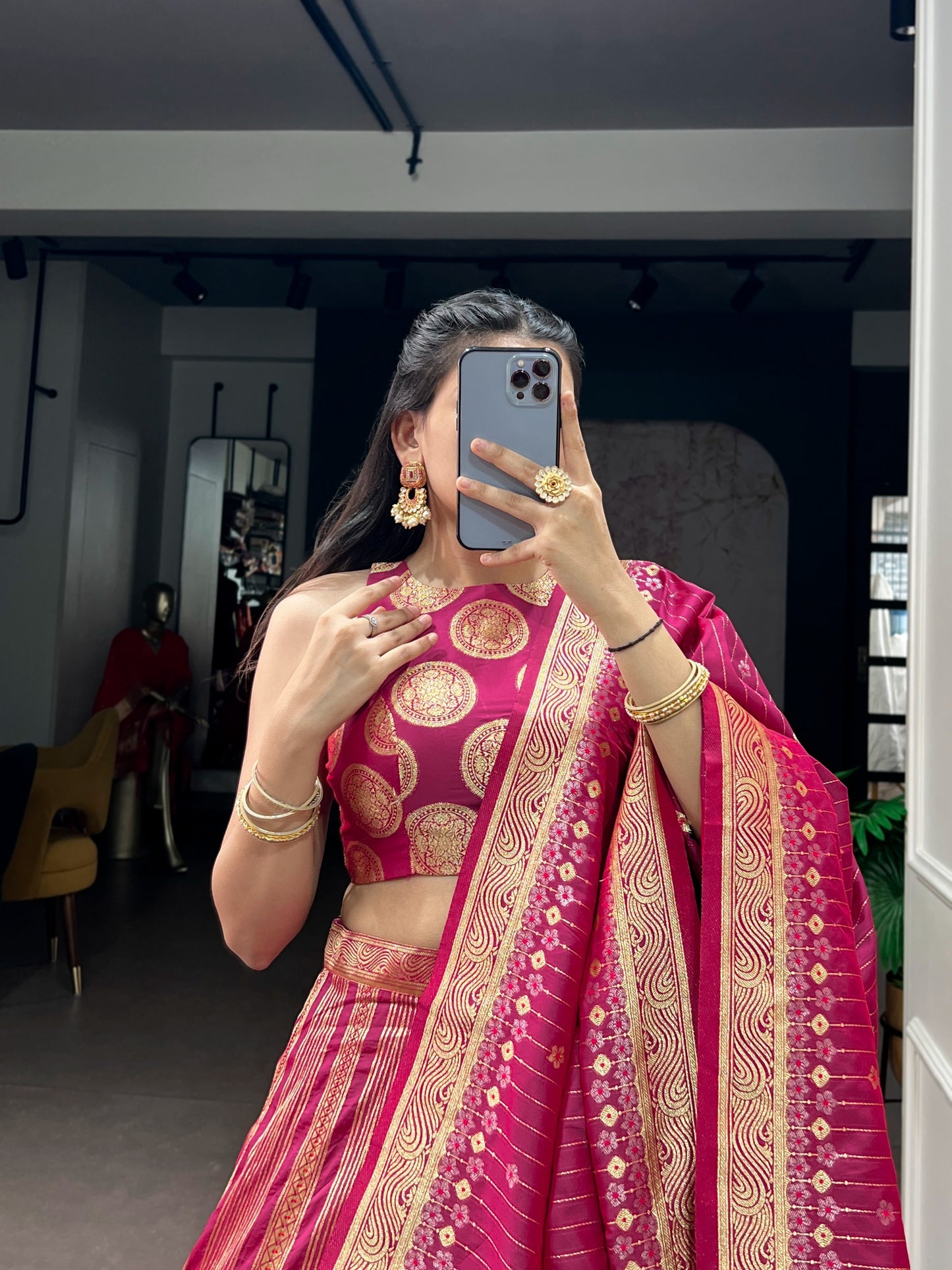 Regal Banarasi Silk Lehenga Choli with Zari Weaving & Dupatta