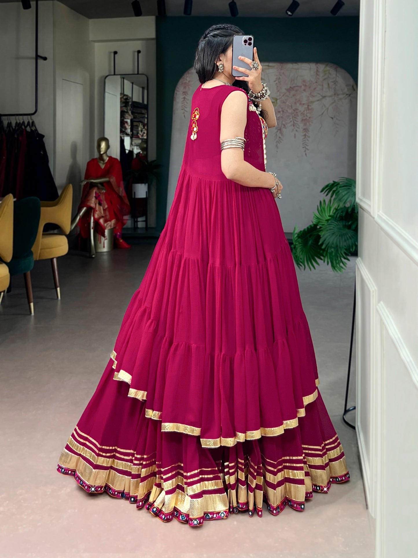 Rani Pink Mirror Work Crop Top Lehenga Set with Layered Jacket