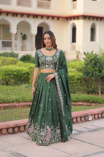 Forest Green Floral & Peacock Embroidery Lehenga Choli