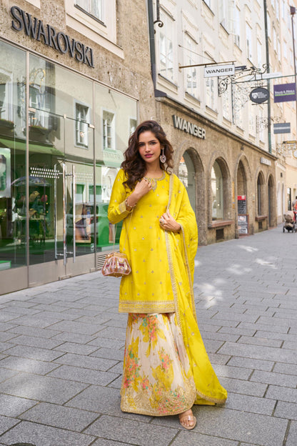 Sophisticated Kurta and dupatta paired with ornate, floral Plazo