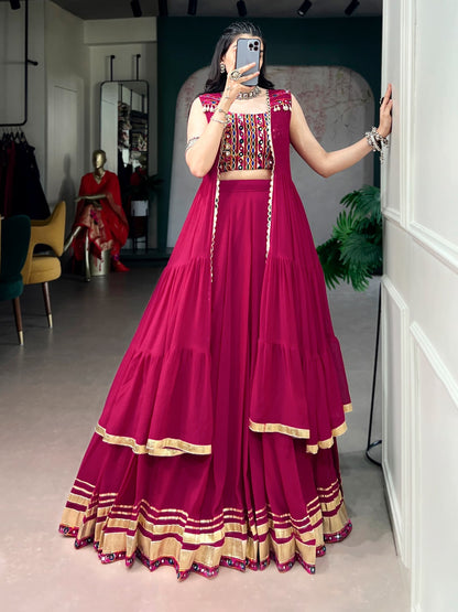 Rani Pink Mirror Work Crop Top Lehenga Set with Layered Jacket