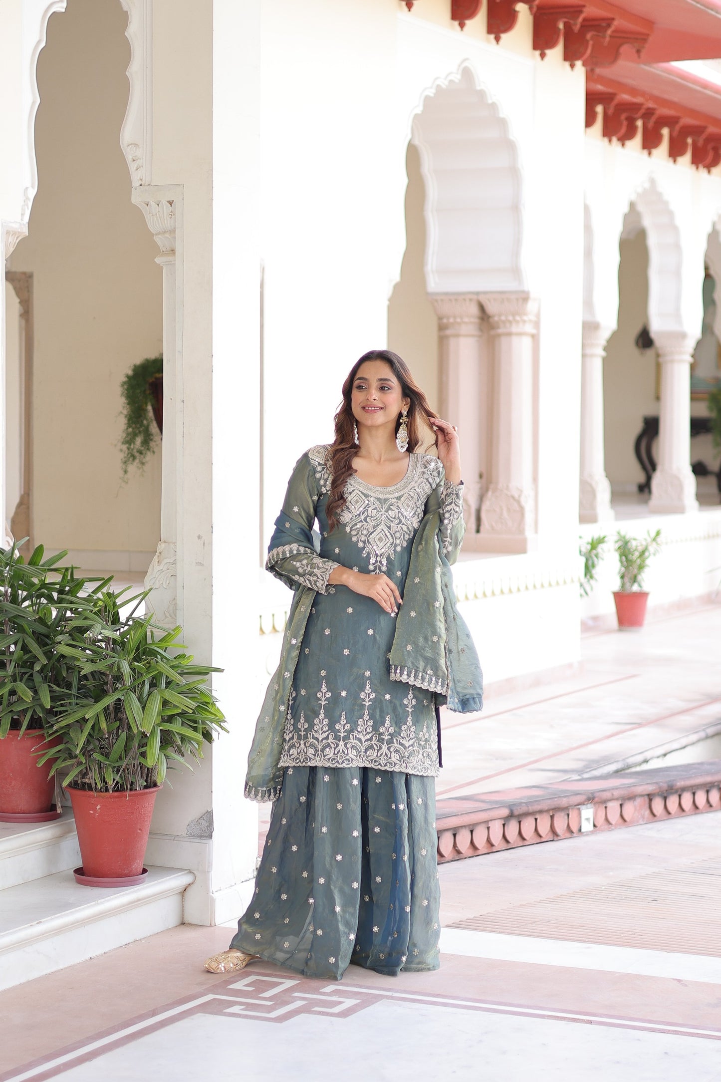 Premium Designer Sharara Set - Fendi Silk Embroidered Kurti with Dupatta