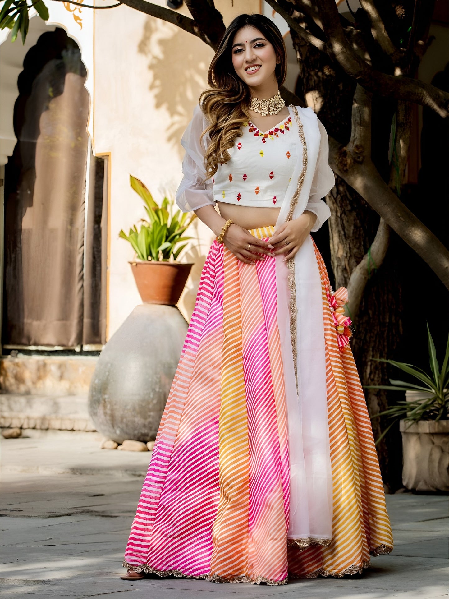 Multicolor Leheriya Printed Lehenga Choli with White Dupatta