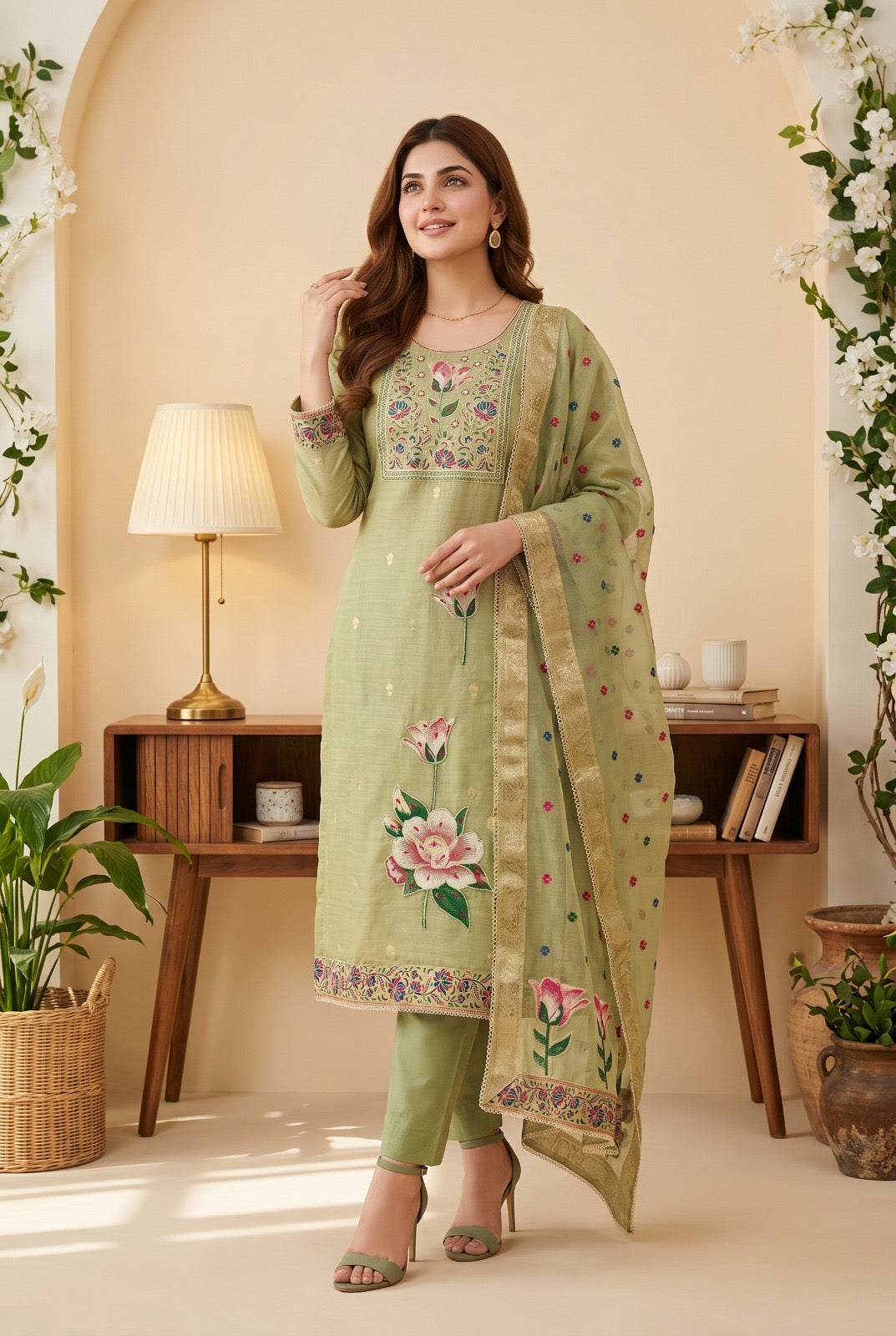 Elegant Banarsi Cotton Kurta Set with Hand Work