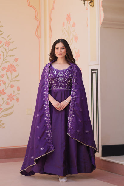Anarkali Flared Gown with Gold Crush Fabric & Beads Embroidery