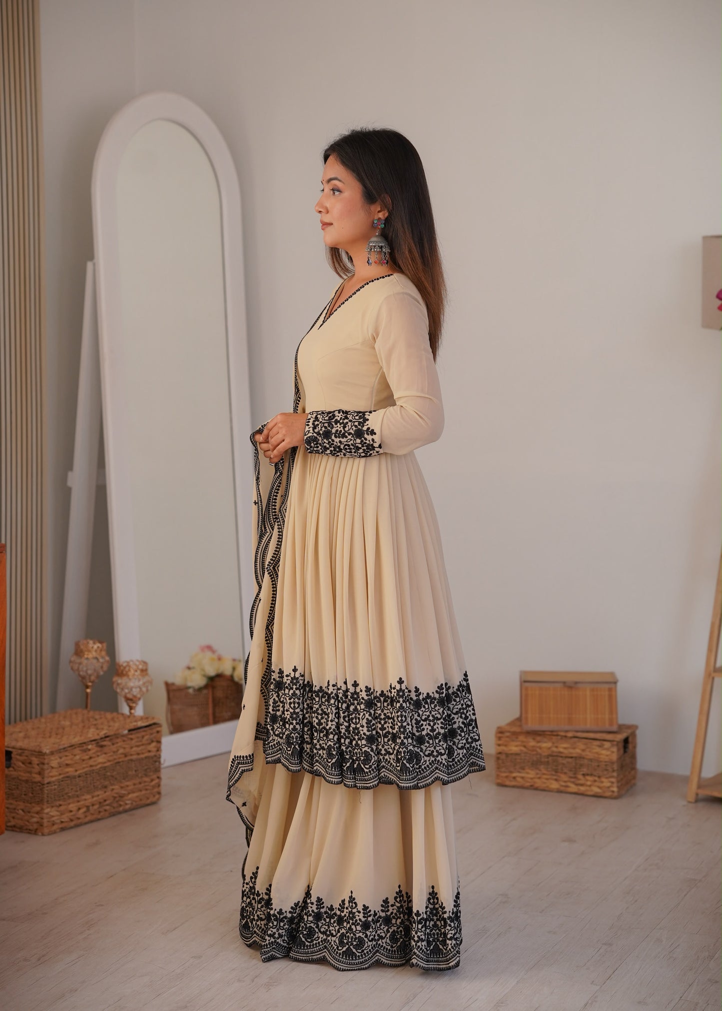 Premium Faux Georgette Embroidery Thread Plazo Suit Set with Dupatta