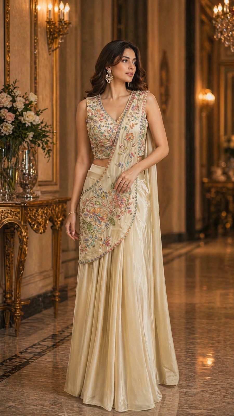 Enchanted Embroidered Armani Satin Ready-to-Wear Saree Set