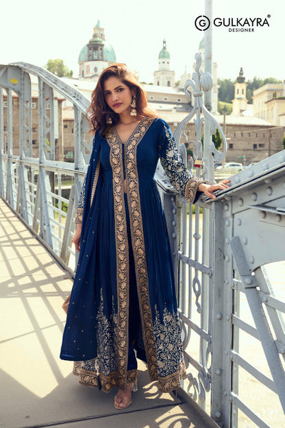 Front-open jacket-style Anarkali paired with matching trousers and a lightweight dupatta