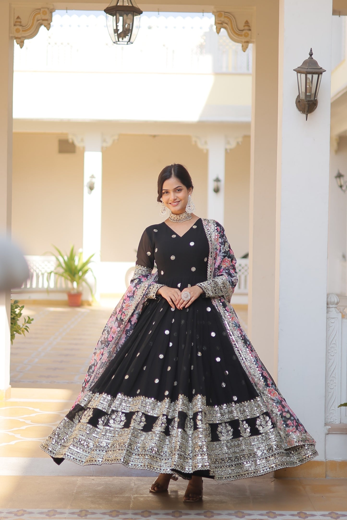 Floor-Length Anarkali gown with a vibrant Floral Dupatta