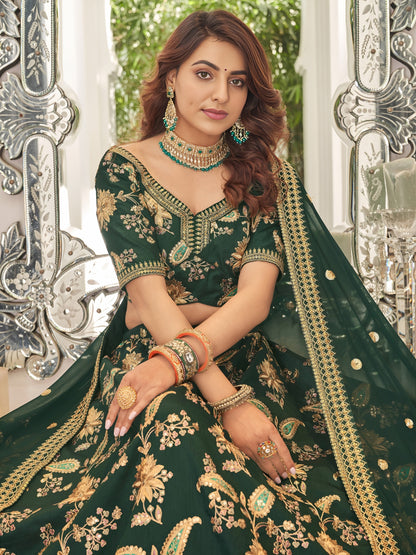 Bottle Green Designer Lehenga Choli with rich golden embroidery